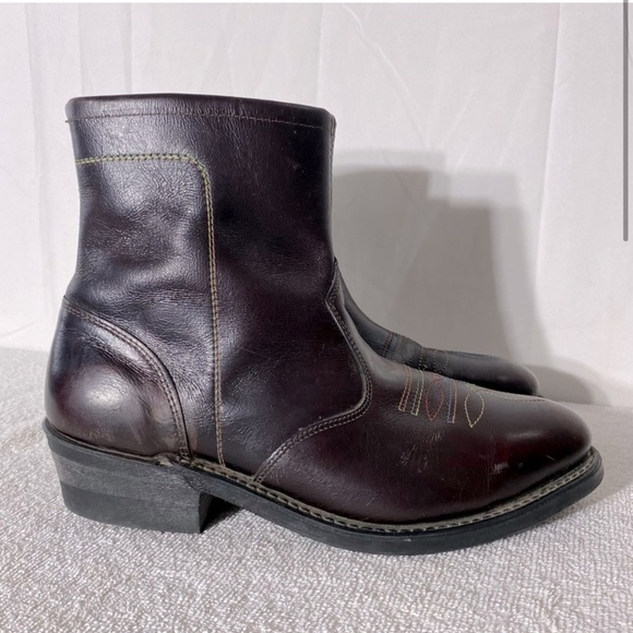 Vintage Burgundy Leather Western Style Round Toe Ankle Boots 7.5 - Picture 2 of 15
